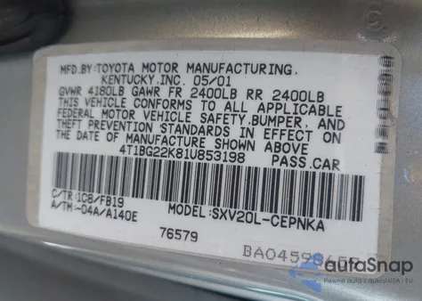 2001 Toyota Camry Le из США, поврежденный, VIN 4T1BG22K81U853198